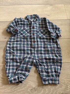 Small Steps Plaid Baby Button-Front Romper - Blue, Green & White